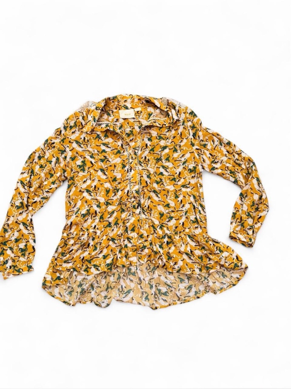 Maeve Mustard Floral Ruffle Button-Down Blouse